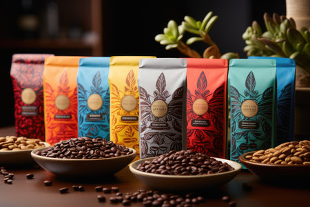 various coffee beans in bowls and colorful bags , degustation, AI Generativeの素材