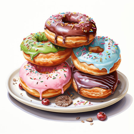 stack of colorful donuts in watercolor style on white background , AI Generatedの素材