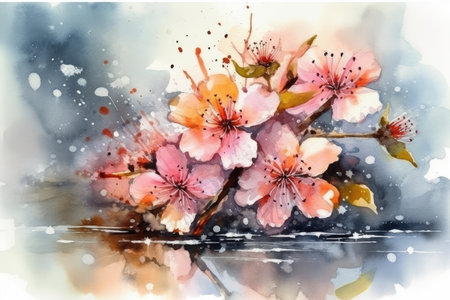 beautiful watercolor sakura branch isolated on white background, AI Generated.の素材
