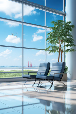 Empty airport terminal lounge, seats in the airport in waiting hall, AI Generatedの素材