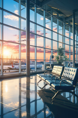 Empty airport terminal lounge, seats in the airport in waiting hall, AI Generatedの素材