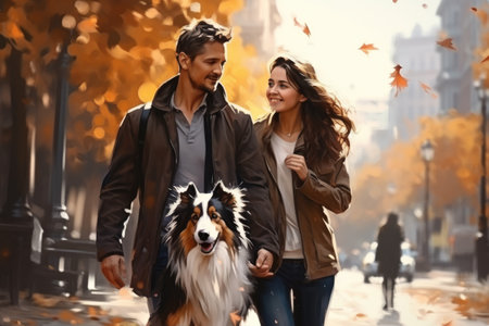 young couple walking dog in the city in autumn day, sun shines, AI Generatedの素材