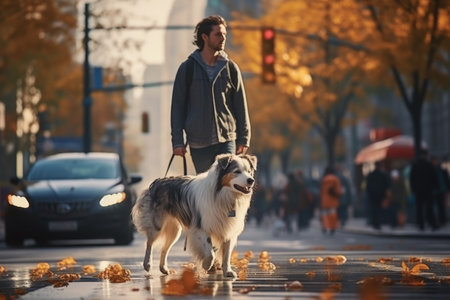young man walking dog in the city in autumn day after rain, AI Generatedの素材