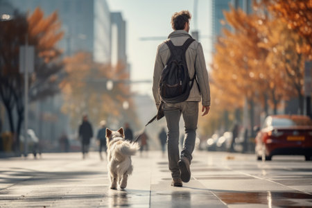 young man walking dog in the city in autumn day after rain, AI Generatedの素材