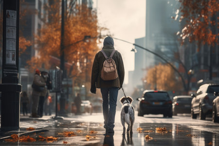 young man walking dog in the city in autumn day after rain, AI Generatedの素材