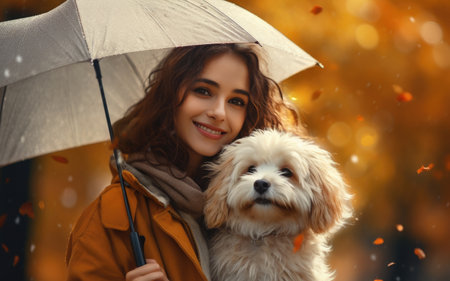 portrait of young woman walking her dog in the park in autumn rainy day, holding umbrella, AI Generatedの素材
