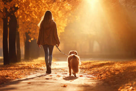 young woman walking her dog in the park in autumn day, sun shines, AI Generatedの素材