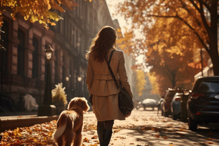 young woman walking her dog in the city in autumn day, sun shines, view from behind. AI Generatedの素材