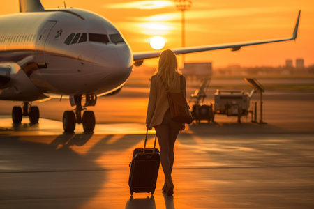 vacation and travel. woman looking at plane , standing near the airport window, holding luggage. AI generated.の素材