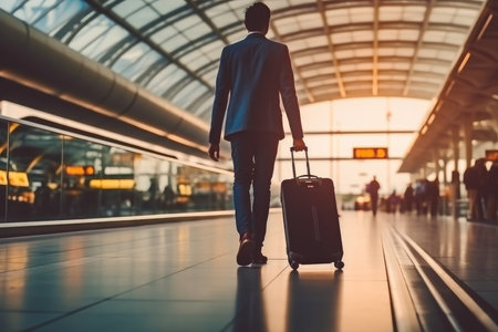 Foto per vacation and travel. man walking in the airport holding luggage. AI generated. - Immagine Royalty Free