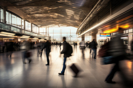 Business people rushing in the lobby of the airport, long exposure, AI Generatedの素材
