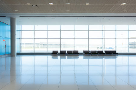 view of airport interior, empty departure hall chairs, AI Generatedの素材