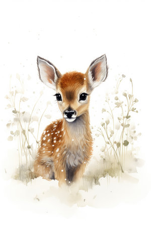 watercolor painted cute deer, realistic style, isolated on white , AI Generated background, book illustration, AI Generatedの素材