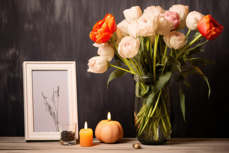 Valentines day background. Blank photo frame for mockup design with TULIPS and valentine elements, AI Generatedの素材