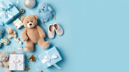 knitted baby toys and clothes, flat lay, AI Generatedの素材