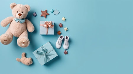 knitted baby toys and clothes, flat lay, AI Generatedの素材