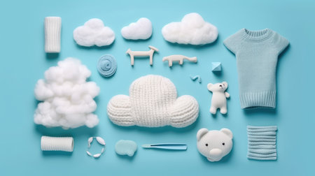 knitted baby toys and clothes, flat lay, AI Generatedの素材
