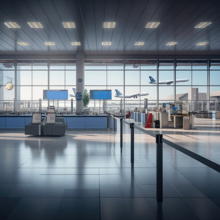view of airport interior, empty departure hall chairs, AI Generatedの素材