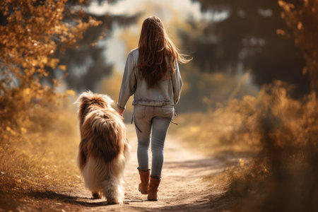 young woman walking her dog on country road in autumn day, sun shines, soft focus, AI Generatedの素材