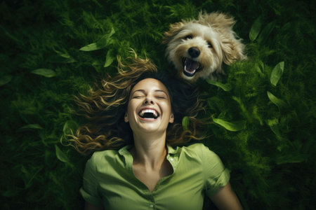 lifestyle portrait. laughing woman and her dog lying on the drass together, top view, AI Generatedの素材
