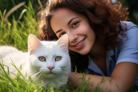 lifestyle portrait. laughing woman and her cat lying on the drass together, top view, AI Generatedの素材