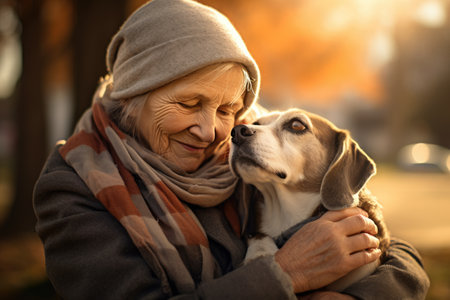 old woman embracing her beagle dog, outdoor autumn park, AI Generatedの素材