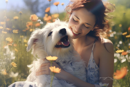 young adult woman embracing her dog, outdoor autumn park, AI Generatedの素材
