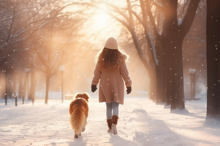 young woman walking her dog in the park in snowy winter day, rear view, AI Generatedの素材