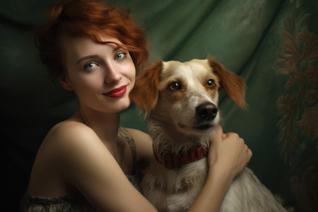 candid portrait young adult woman holding her dog on green background, AI Generatedの素材