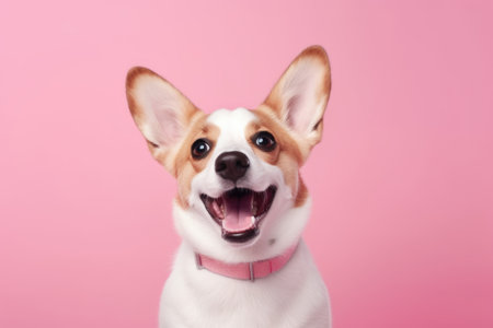 cute happy dog on pink background, AI Generatedの素材