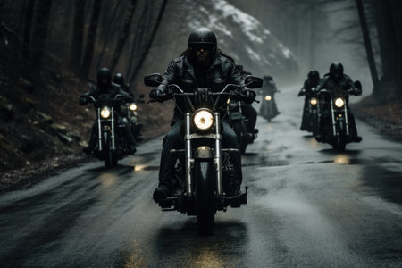 Group of bikers on motorcyles at group ride, AI Generatedの素材