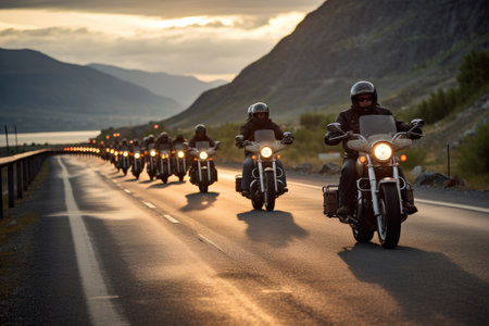 Group of bikers on motorcyles at group ride, AI Generatedの素材