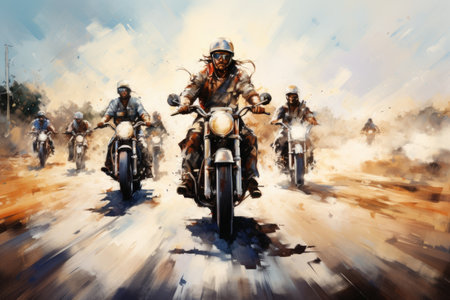 Group of bikers on motorcyles at group ride, AI Generatedの素材