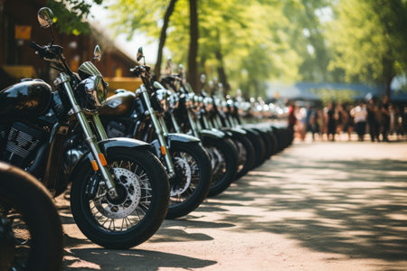 motorcycles parked on the motorcycles parking lot gathering or event, AI Generatedの素材
