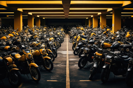 many motorcycles parked on the motorcycles parking lot , AI Generatedの素材