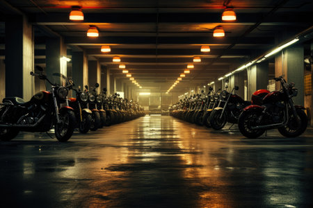 many motorcycles parked on the motorcycles parking lot , AI Generatedの素材