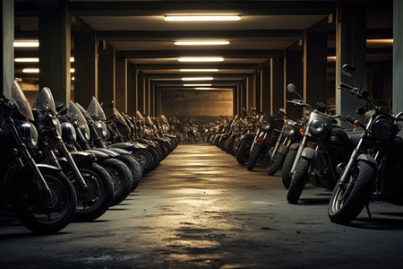 many motorcycles parked on the motorcycles parking lot , AI Generatedの素材