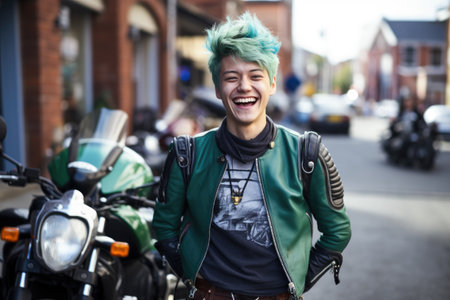 laughing man with short bright colored hair wearing motorcycle gear and helmet, red and black colors, AI Generatedの素材