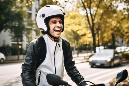 laughing man with long hair wearing motorcycle gear and helmet, red and black colors, AI Generatedの素材