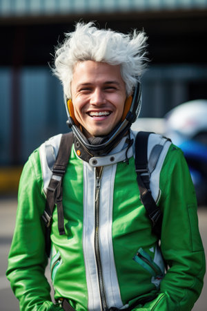 laughing man with short bright colored hair wearing motorcycle gear and helmet, red and black colors, AI Generatedの素材