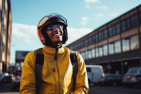 laughing man with short hair wearing motorcycle gear and helmet, red and black colors, AI Generatedの素材