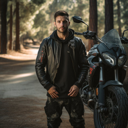 serious man wearing motorcycle gear and helmet, black colors, AI Generatedの素材