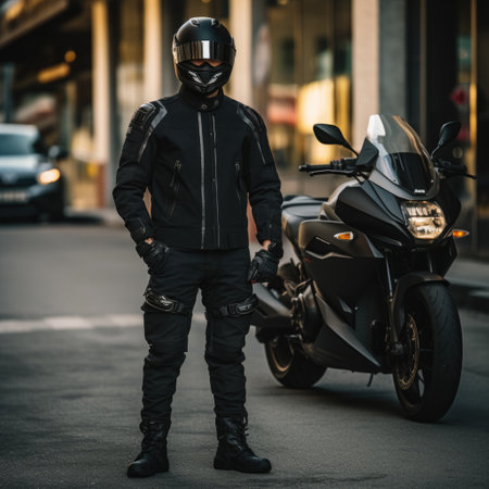 serious man wearing motorcycle gear and helmet, black colors, AI Generatedの素材