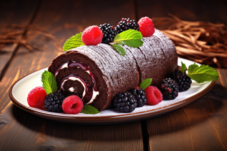 Chocolate Roll Cake coated with Chocolate Chips on table top with berries, AI Generatedの素材