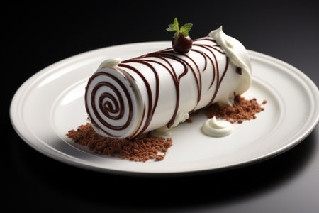 Chocolate Roll Cake coated with Chocolate Chips on table top with berries, AI Generatedの素材