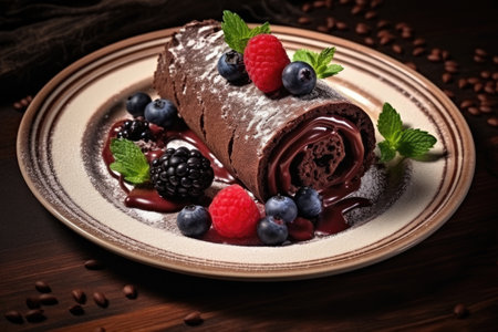 Chocolate Roll Cake coated with Chocolate Chips on table top with berries, AI Generatedの素材