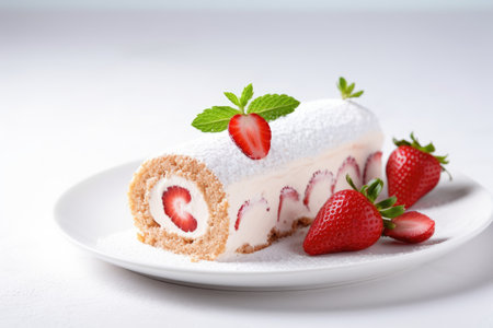 cake roll with strawberries and cream cheese on light background. tinting. AI Generatedの素材