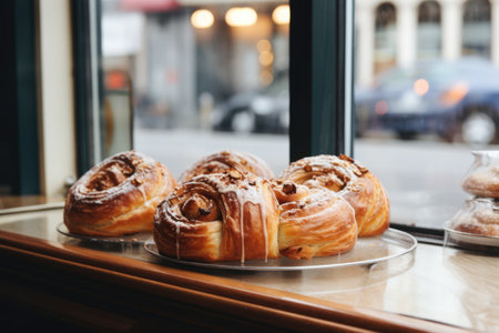 closeup of Fresh homemade Cinnamon rolls or Cinnamon buns in tray in bakery, AI Generatedの素材