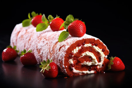 cake roll with strawberries and cream cheese on light background. AI Generatedの素材