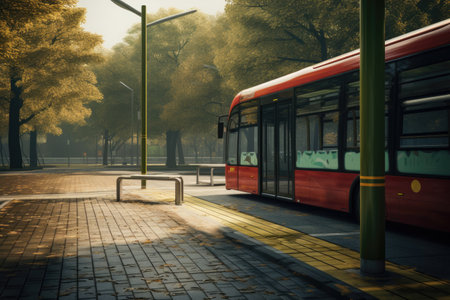 Modern bus arriving at a bus stop, summer sunny day, AI Generatedの素材